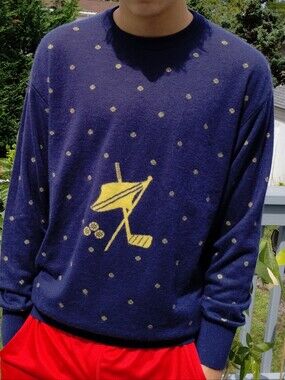 Golf Motif Reversible Cashmere Crewneck  Sweater Large